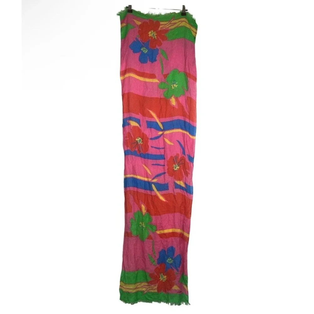 Vtg Floral Scarf Liz Claiborne Hawaiian Hibiscus Red Pink Blue Green Tropical